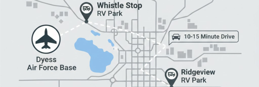 Map of Abilene, TX, showing the proximity of off-base RV parks like Whistle Stop and Ridgeview to Dyess Air Force Base.