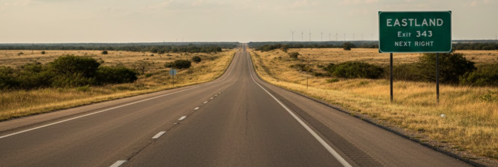 The I-20 highway leading east from Abilene to Exit 343 for Eastland, an alternative area for RV parks near Dyess AFB.