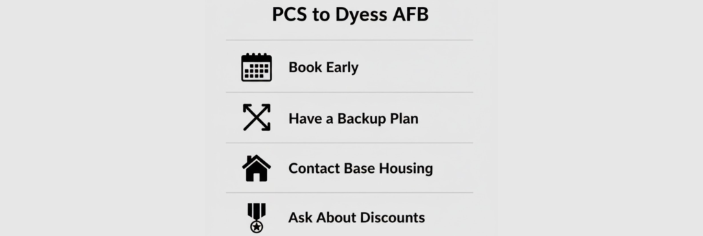Checklist graphic with essential tips for military families planning a PCS move to Dyess AFB and needing RV housing.