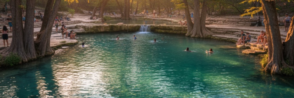 Large spring fed pool RV park Texas with crystal clear turquoise water and oak trees at Inez Spring