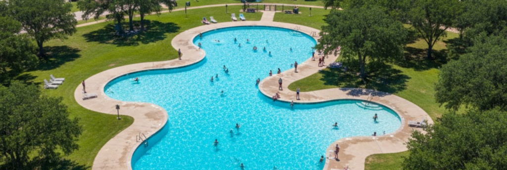 Natural spring water flowing into a Texas swimming pool surrounded by limestone rocks