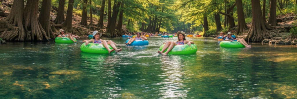 Families swimming in the cold spring-fed Frio River at Garner State Park, Texas Hill Country