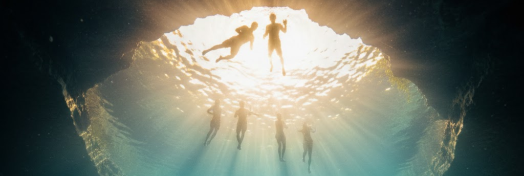 Underwater view of divers in the deep blue spring of Jacob's Well in Wimberley Texas