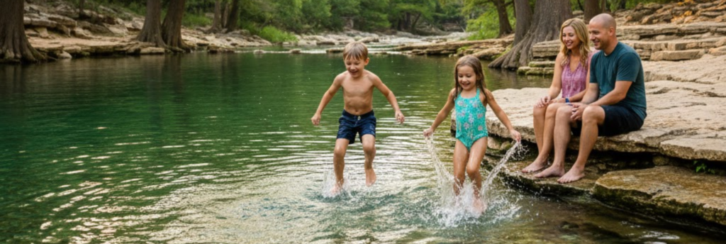 Children jumping into a cool natural spring water swimming hole at a Texas RV campsite