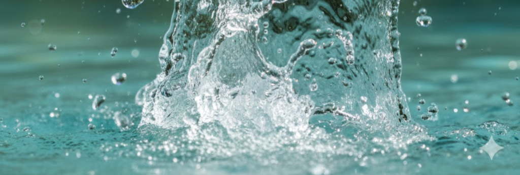 Close up of clear spring water splashing with sun rays and refraction