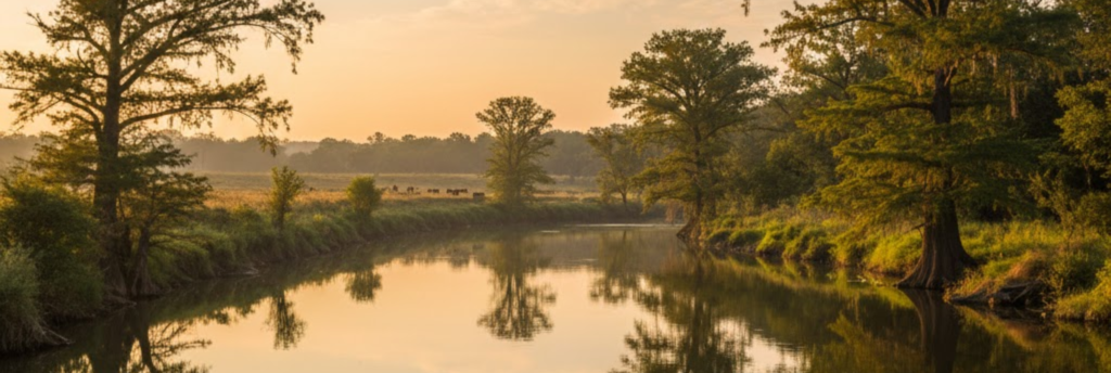 Calm Leon River flowing through Central Texas with oak trees and RV campsite visible on the bank