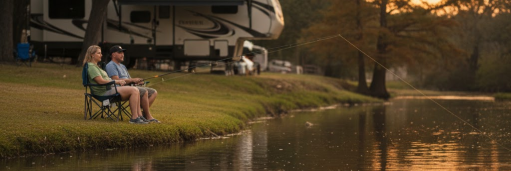 Wide landscape of the Leon River at golden hour, reflecting trees and Texas ranchland