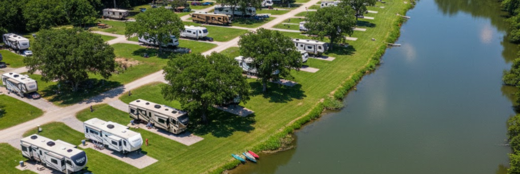 RVer sitting on riverbank fishing at sunset, RV camper in background
