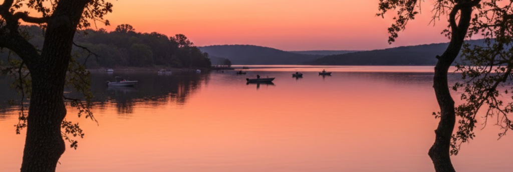 Sunset over Lake Proctor reservoir with fishing boats and Hill Country scenery