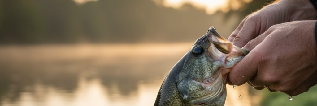 Close‑up of a fisherman holding a bass on the Leon River bank, morning light
