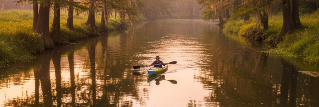 Solo kayaker paddling on reflective Leon River with cypress trees lining the banks