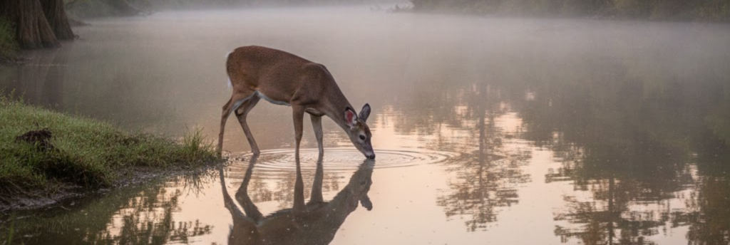 White‑tailed deer drinking from Leon River at dawn, mist rising from water