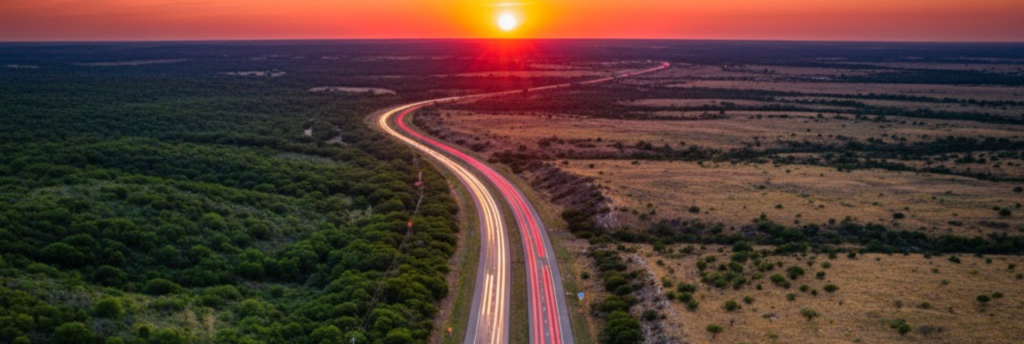 Interstate 20 highway cutting through Texas landscape with RV driving towards sunset
