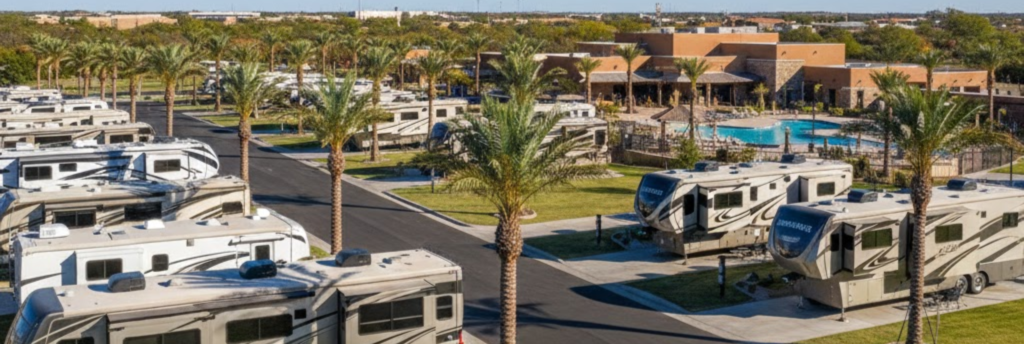 Modern RV resort in Abilene Texas with landscaped sites and clear blue sky