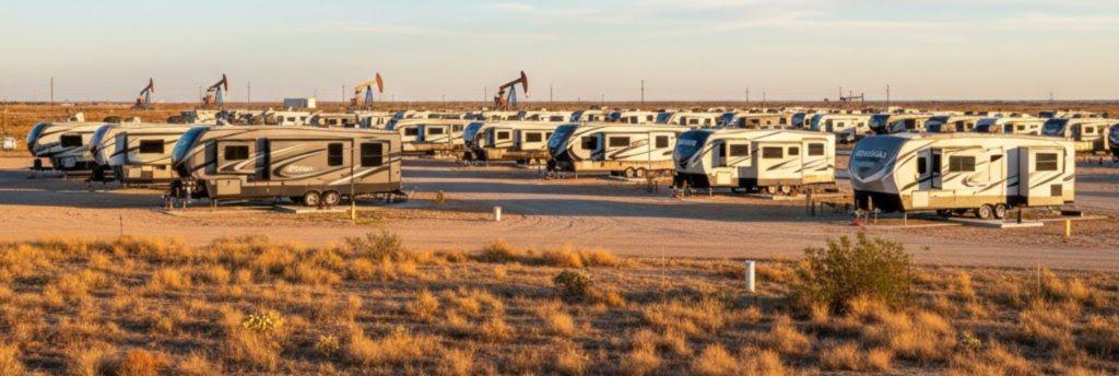 RV park in Midland Odessa area with oil pump jacks visible in desert landscape