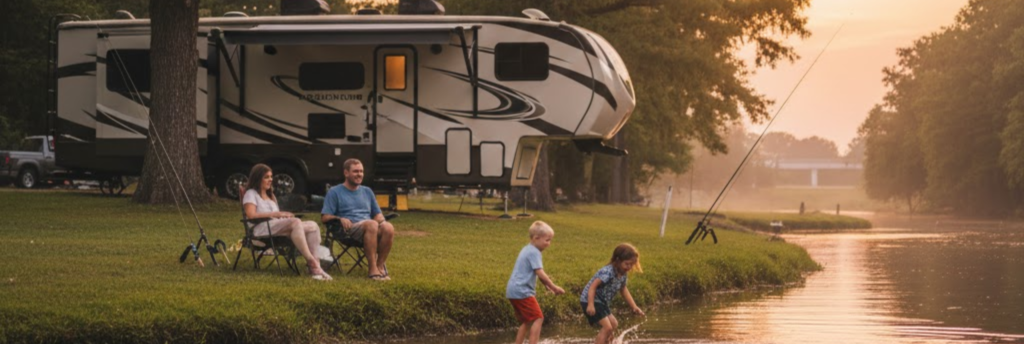 Family camping at Texas I-20 RV park, kids playing near river, RV in background