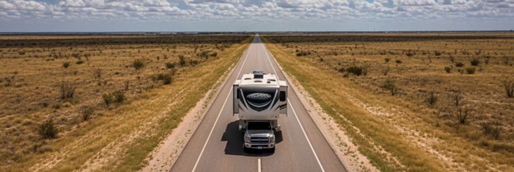 RV driving on long straight stretch of I-20 in West Texas, open road, dramatic clouds