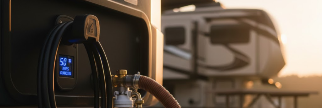 Full hookup RV site near Abilene Texas showing 50-amp electric, water hose, and sewer connection at concrete pad